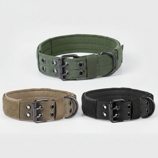 Three military-style dog collars in green, brown, and black on a white background.