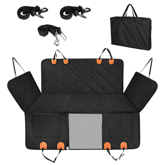 Black car seat cover with orange clips and additional accessories on a white background