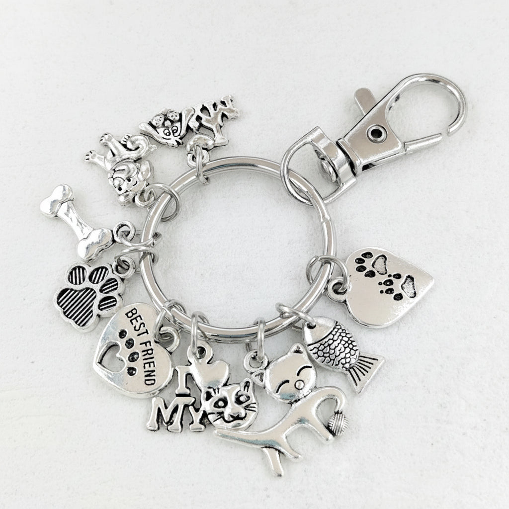 Silver keychain with various charms on a light gray background